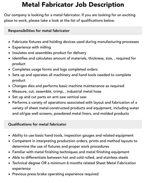 metal fabrication engineer job description|metal fabrication job duties.